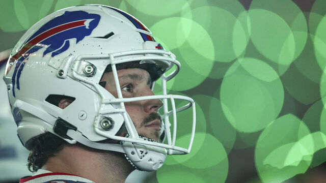 EAST RUTHERFORD, NEW JERSEY - SEPTEMBER 11: Josh Allen #17 of the Buffalo Bills looks on during a game against the New York Jets at MetLife Stadium on September 11, 2023 in East Rutherford, New Jersey.