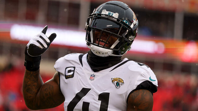 KANSAS CITY, MO - JANUARY 21: Jacksonville Jaguars linebacker Josh Allen (41) before an AFC divisional playoff game between the Jacksonville Jaguars and Kansas City Chiefs on January 21, 2023 at GEHA Field at Arrowhead Stadium in Kansas City, MO.