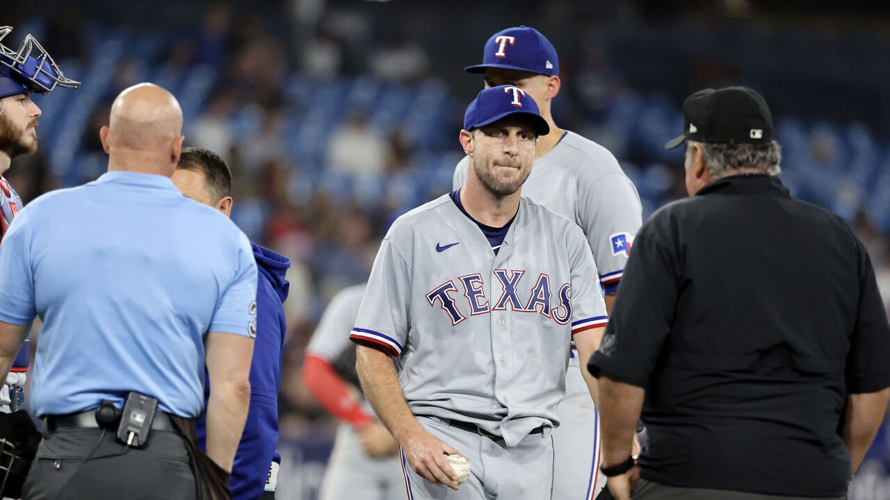 TORONTO, ON - September 12 Starting pitcher Max Scherzer (31) of the Texas Rangers left the game in the six with a medical issue. The Toronto Blue Jays lost 6-3 to the Texas Rangers in the second game of 4 in MLB baseball action at the Rogers Centre. September 12 2023 (Richard Lautens/Toronto Star via Getty Images)