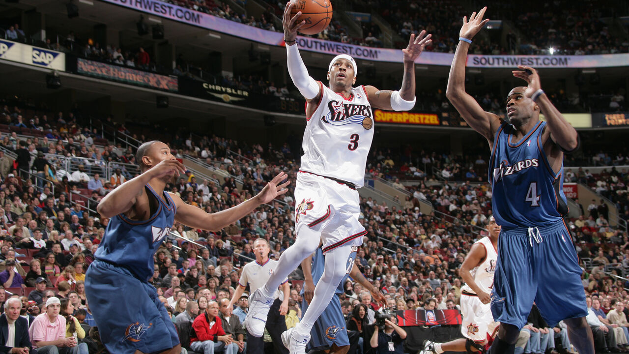 PHILADELPHIA - MARCH 3: Allen Iverson #3 of the Philadelphia 76ers shoots against the Washington Wizards on March 3, 2006 at the Wachovia Center in Philadelphia, Pennsylvania. The 76ers won 119-113. NOTE TO USER: User expressly acknowledges and agrees that, by downloading and or using this photograph, User is consenting to the terms and conditions of the Getty Images License Agreement. Mandatory Copyright Notice: Copyright 2006 NBAE