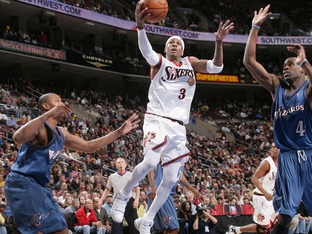 PHILADELPHIA - MARCH 3: Allen Iverson #3 of the Philadelphia 76ers shoots against the Washington Wizards on March 3, 2006 at the Wachovia Center in Philadelphia, Pennsylvania. The 76ers won 119-113. NOTE TO USER: User expressly acknowledges and agrees that, by downloading and or using this photograph, User is consenting to the terms and conditions of the Getty Images License Agreement. Mandatory Copyright Notice: Copyright 2006 NBAE