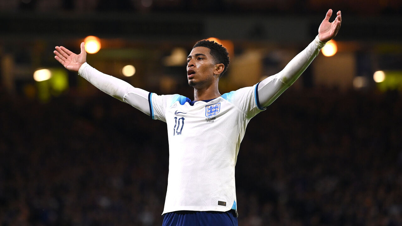 GLASGOW, SCOTLAND - SEPTEMBER 12: Jude Bellingham of England celebrates after scoring the team's second goal during the 150th Anniversary Heritage Match between Scotland and England at Hampden Park on September 12, 2023 in Glasgow, Scotland.
