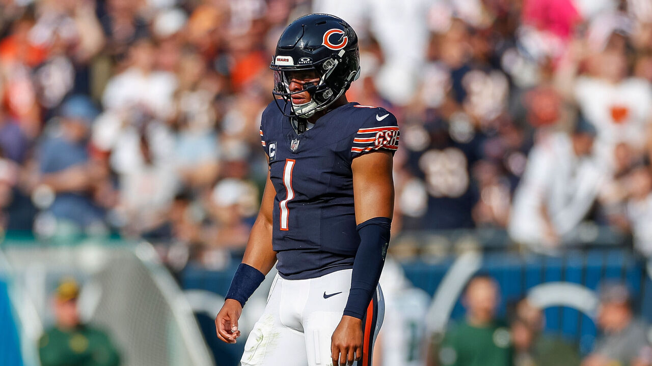 CHICAGO, IL - SEPTEMBER 10: Chicago Bears quarterback Justin Fields (1) walks between plays in the first half during a regular season game between the Green Bay Packers and the Chicago Bears on September, 10, 2023, at Soldier Field in Chicago, IL.
