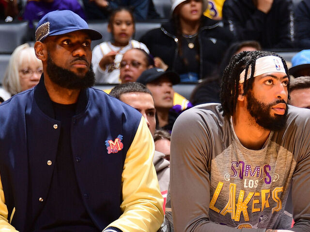 LOS ANGELES, CA - MARCH 3: Anthony Davis #3 and LeBron James #6 of the Los Angeles Lakers look on from the bench during the game against the Minnesota Timberwolves on March 3, 2023 at Crypto.Com Arena in Los Angeles, California. NOTE TO USER: User expressly acknowledges and agrees that, by downloading and/or using this Photograph, user is consenting to the terms and conditions of the Getty Images License Agreement. Mandatory Copyright Notice: Copyright 2023 NBAE