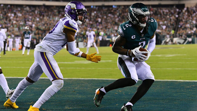 PHILADELPHIA, PA - SEPTEMBER 19: Philadelphia Eagles Cornerback Darius Slay (2) makes an interception over Minnesota Vikings Wide Receiver Justin Jefferson (18) in the fourth quarter during the game between the Minnesota Vikings and Philadelphia Eagles on September 19, 2022 at Lincoln Financial Field in Philadelphia, PA.