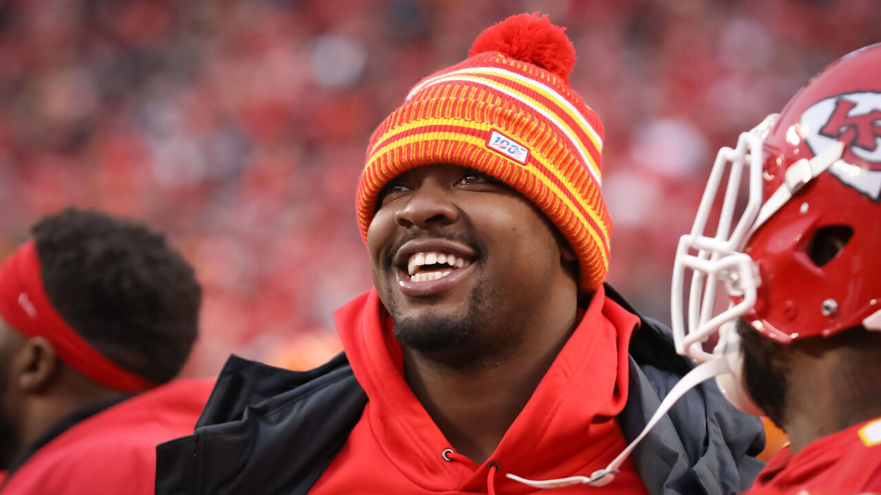 KANSAS CITY, MO - JANUARY 12: Kansas City Chiefs defensive end Chris Jones (95) smiles on the sidelines in the third quarter of an NFL Divisional round playoff game between the Houston Texans and Kansas City Chiefs on January 12, 2020 at Arrowhead Stadium in Kansas City, MO.