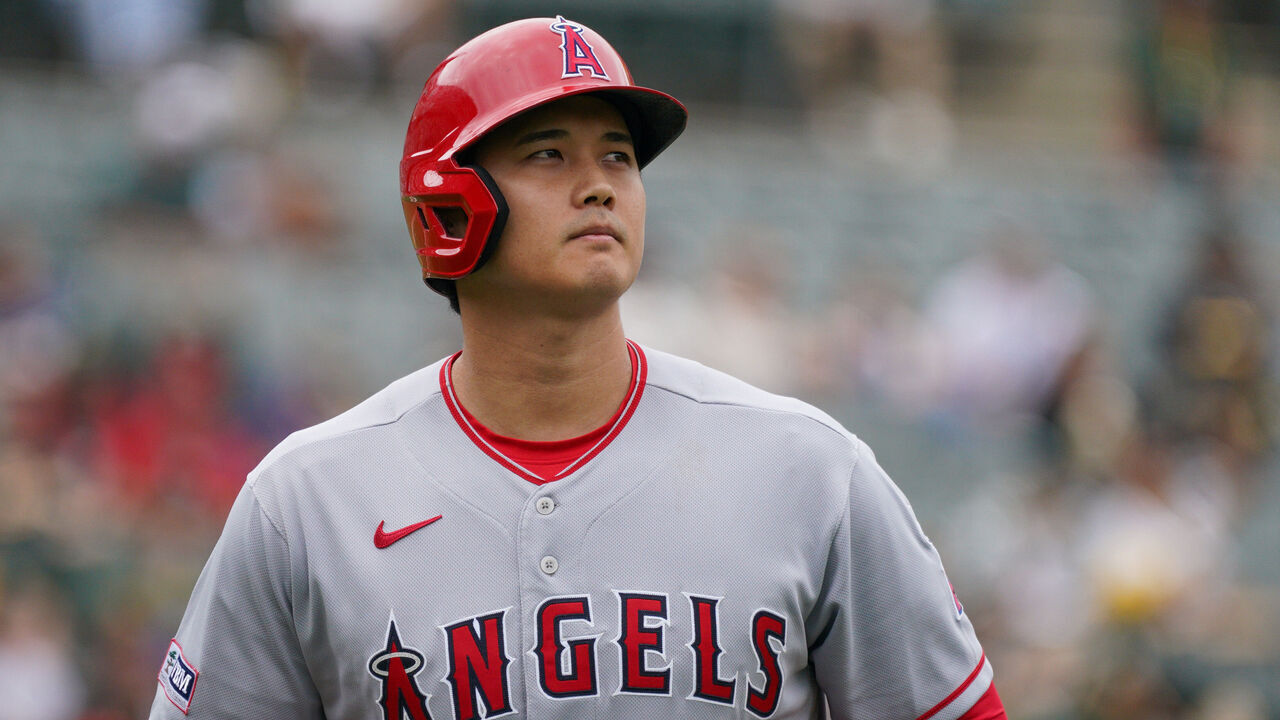 OAKLAND, CA - SEPTEMBER 02: Shohei Ohtani #17 of the Los Angeles Angels looks on during the game between the Los Angeles Angels and the Oakland Athletics at RingCentral Coliseum on Saturday, September 2, 2023 in Oakland, California.