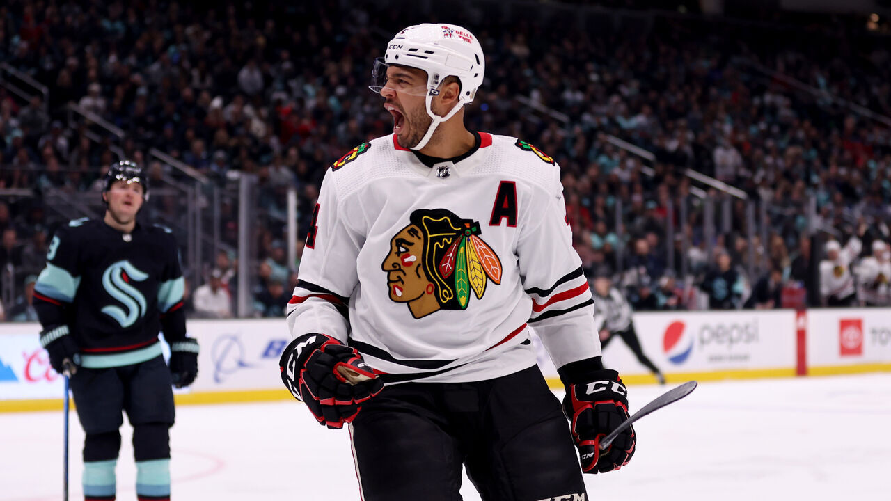 SEATTLE, WASHINGTON - APRIL 08: Seth Jones #4 of the Chicago Blackhawks celebrates his goal during the first period against the Seattle Kraken at Climate Pledge Arena on April 08, 2023 in Seattle, Washington.