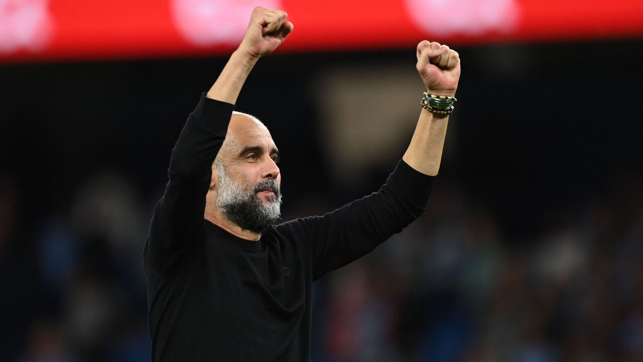 MANCHESTER, ENGLAND - AUGUST 19: Pep Guardiola, Manager of Manchester City celebrates after the Premier League match between Manchester City and Newcastle United at Etihad Stadium on August 19, 2023 in Manchester, United Kingdom.