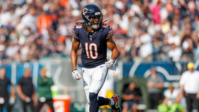 CHICAGO, IL - SEPTEMBER 10: Chicago Bears wide receiver Chase Claypool (10) runs in pre snap motion in the first half during a regular season game between the Green Bay Packers and the Chicago Bears on September, 10, 2023, at Soldier Field in Chicago, IL.