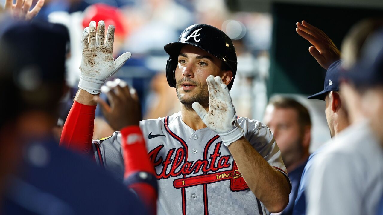 PHILADELPHIA, PA - SEPTEMBER 12: Matt Olson #28 of the Atlanta Braves celebrates with teammates after hitting a home run during the Major League Baseball game against the Philadelphia Phillies on September 12, 2023 at Citizens Bank Park in Philadelphia, Pennsylvania.