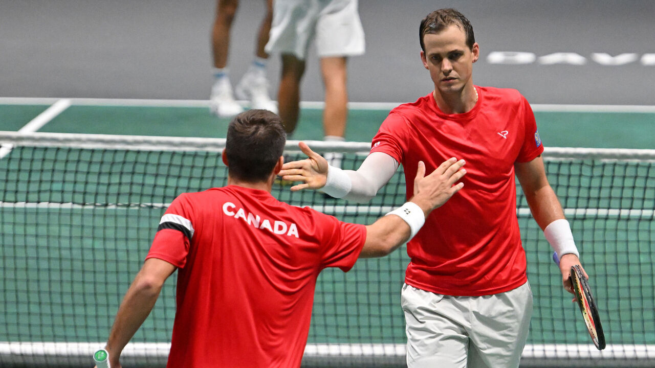 BOLOGNA, ITALY - SEPTEMBER 13: Alexis Galarneau and Vasek Pospisil of Canada during the match between Simone Bolelli and Matteo Arnaldi of Italy and Alexis Galarneau and Vasek Pospisil of Canada during 2023 Davis Cup Finals Group Stage Bologna - Day 2 at Unipol Arena on September 13, 2023 in Bologna, Italy.