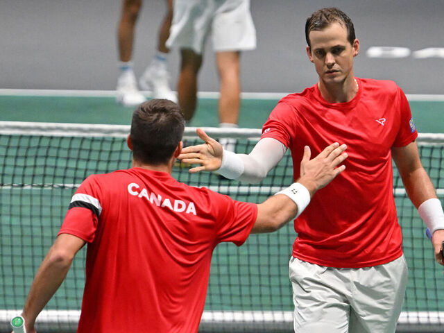 BOLOGNA, ITALY - SEPTEMBER 13: Alexis Galarneau and Vasek Pospisil of Canada during the match between Simone Bolelli and Matteo Arnaldi of Italy and Alexis Galarneau and Vasek Pospisil of Canada during 2023 Davis Cup Finals Group Stage Bologna - Day 2 at Unipol Arena on September 13, 2023 in Bologna, Italy.