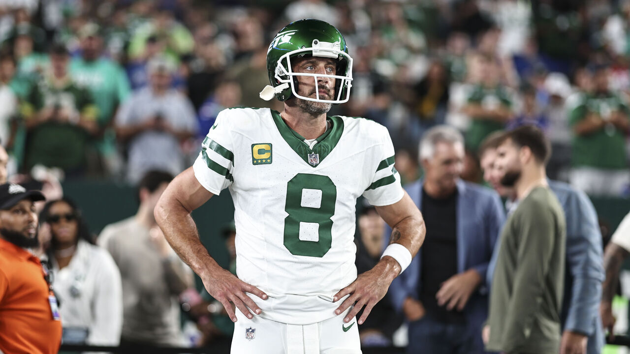 EAST RUTHERFORD, NEW JERSEY - SEPTEMBER 11: Aaron Rodgers #8 of the New York Jets looks on prior to a game against the Buffalo Bills at MetLife Stadium on September 11, 2023 in East Rutherford, New Jersey.
