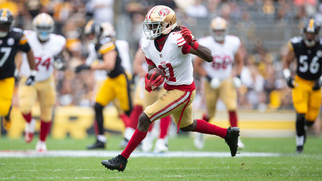 PITTSBURGH, PA - September 10: Brandon Aiyuk #11 of the San Francisco 49ers run after making a catch during the game against the Pittsburgh Steelers at Acrisure Stadium on September 10, 2023 in Pittsburgh, Pennsylvania. The 49ers defeated the Steelers 30-7.