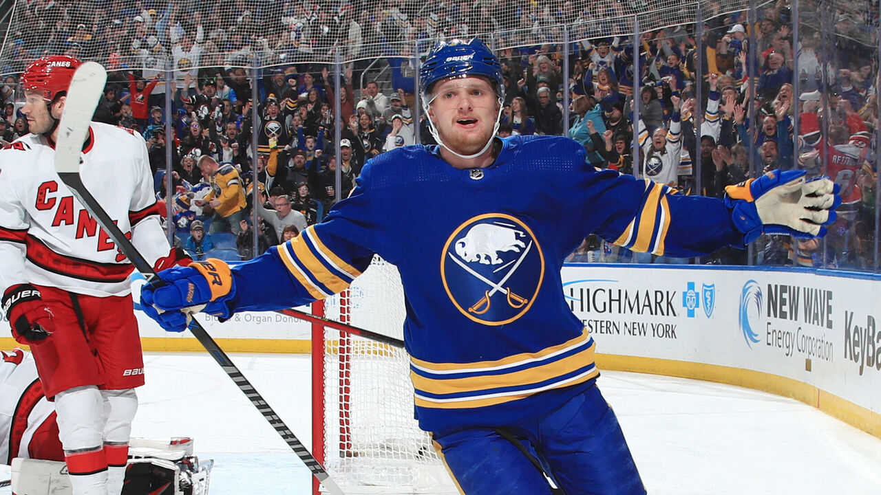 BUFFALO, NY - APRIL 8: Buffalo Sabres center Casey Mittelstadt #37 celebrates his first period goal against Carolina Hurricanes goaltender Antti Raanta #32 during an NHL game on April 8, 2023 at KeyBank Center in Buffalo, New York.