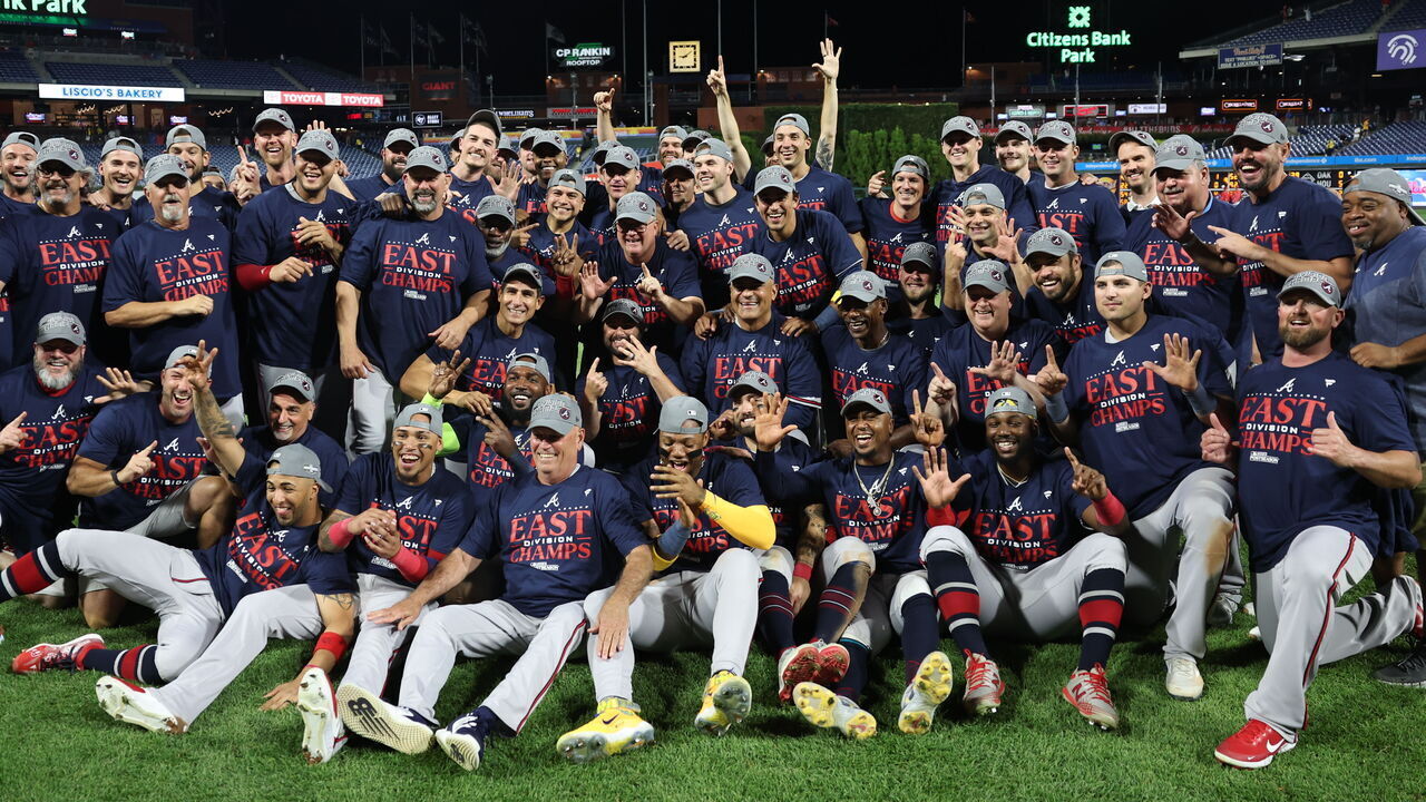 PHILADELPHIA, PENNSYLVANIA - SEPTEMBER 13: The Atlanta Braves pose for a team photo after defeating the Philadelphia Phillies to clinch the NL East at Citizens Bank Park on September 13, 2023 in Philadelphia, Pennsylvania.