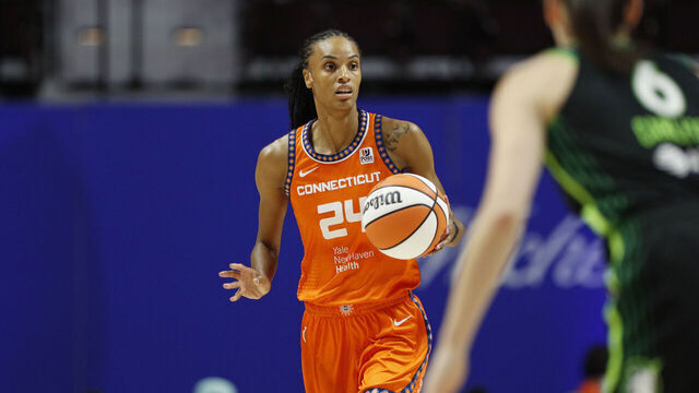 UNCASVILLE, CT - SEPTEMBER 13: DeWanna Bonner #24 of the Connecticut Sun dribbles the ball during the game against the Minnesota Lynx during round one game one of the 2023 WNBA Playoffs on September 13, 2023 at the Mohegan Sun Arena in Uncasville, Connecticut. Mandatory Copyright Notice: Copyright 2023 NBAE