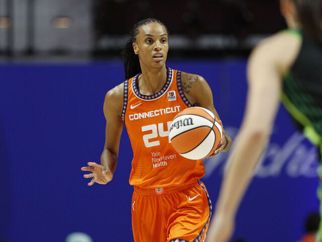 UNCASVILLE, CT - SEPTEMBER 13: DeWanna Bonner #24 of the Connecticut Sun dribbles the ball during the game against the Minnesota Lynx during round one game one of the 2023 WNBA Playoffs on September 13, 2023 at the Mohegan Sun Arena in Uncasville, Connecticut. Mandatory Copyright Notice: Copyright 2023 NBAE