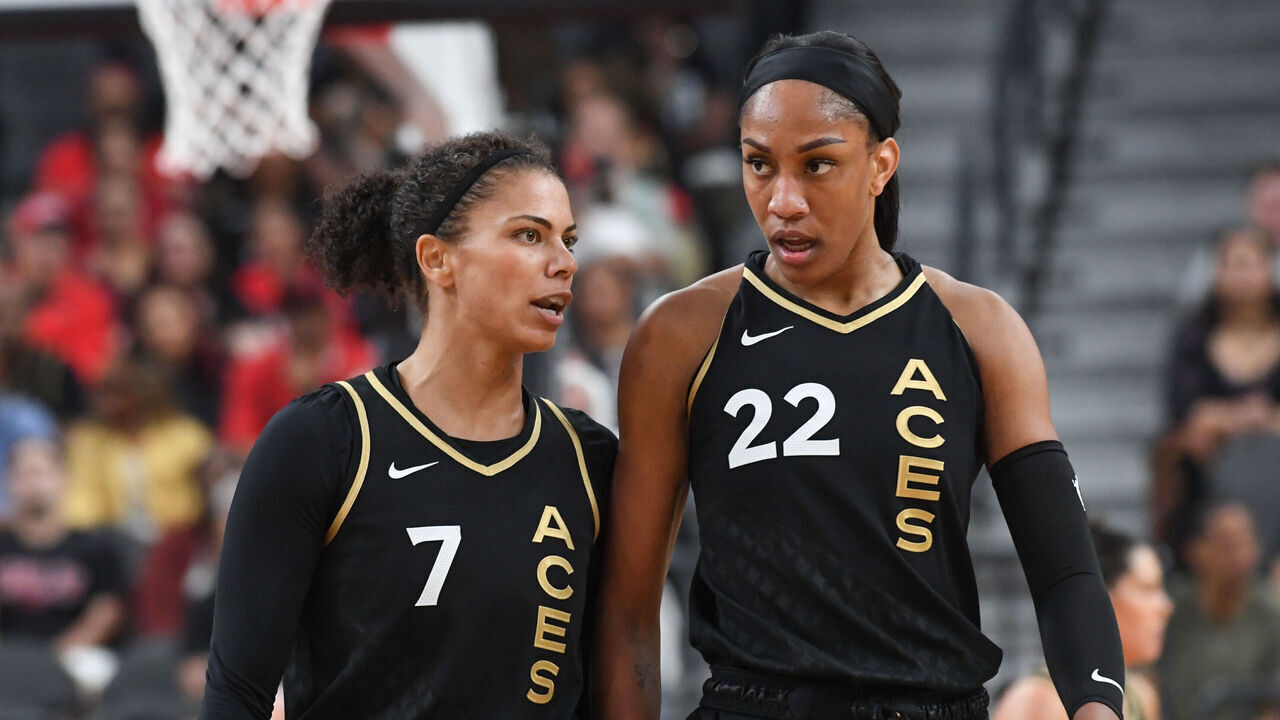 LAS VEGAS, NV - SEPTEMBER 13 : Alysha Clark #7 of the Las Vegas Aces & A'ja Wilson #22 of the Las Vegas Aces looks on during the game on September 13, 2023 at T-Mobile Arena in Las Vegas, Nevada. Mandatory Copyright Notice: Copyright 2023 NBAE
