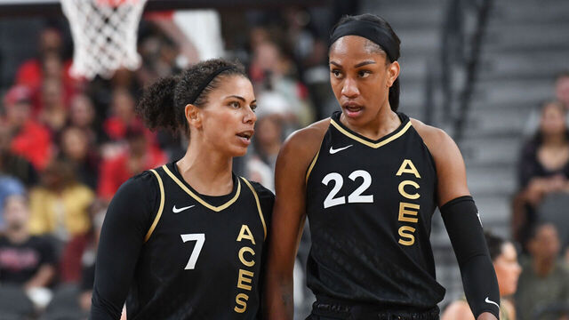 LAS VEGAS, NV - SEPTEMBER 13 : Alysha Clark #7 of the Las Vegas Aces & A'ja Wilson #22 of the Las Vegas Aces looks on during the game on September 13, 2023 at T-Mobile Arena in Las Vegas, Nevada. Mandatory Copyright Notice: Copyright 2023 NBAE