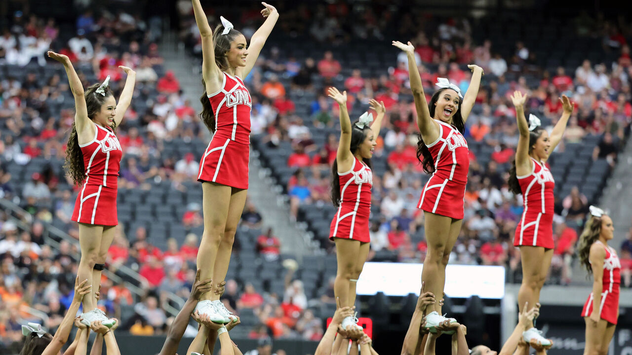 LAS VEGAS, NEVADA - AUGUST 27: UNLV Rebels cheerleaders perform during the team's game against the Idaho State Bengals at Allegiant Stadium on August 27, 2022 in Las Vegas, Nevada. The Rebels defeated the Bengals 52-21.