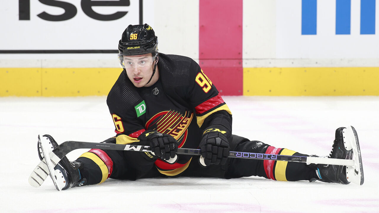 VANCOUVER, CANADA - APRIL 8: Andrei Kuzmenko #96 of the Vancouver Canucks stretches during their NHL game against the Calgary Flames at Rogers Arena April 8, 2023 in Vancouver, British Columbia, Canada.
