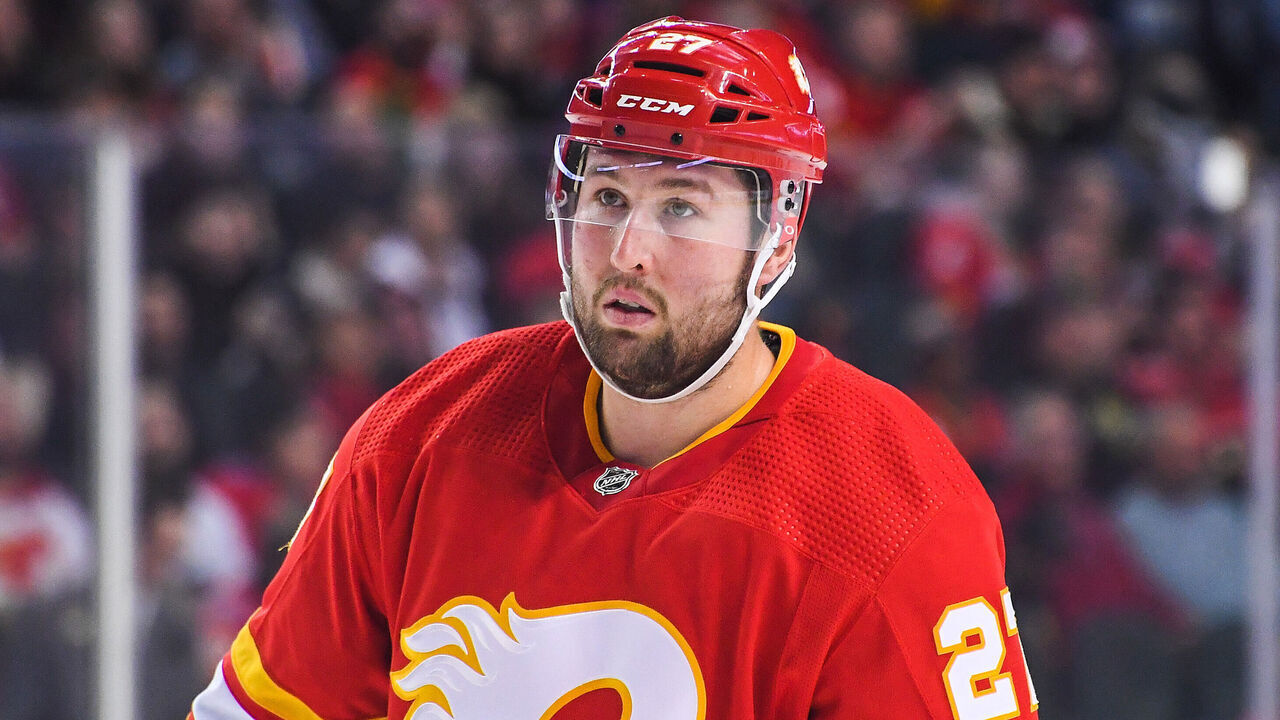CALGARY, CANADA - APRIL 2: Nick Ritchie #27 of the Calgary Flames in action against the Anaheim Ducks during an NHL game at Scotiabank Saddledome on April 2, 2023 in Calgary, Alberta, Canada. The Flames defeated the Ducks 5-4.