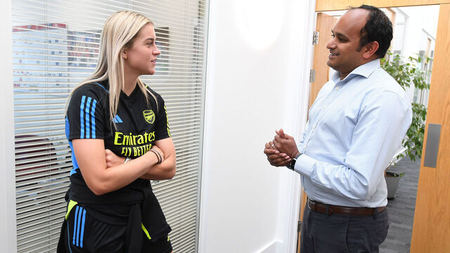LONDON, ENGLAND - JULY 04: Arsenal CEO Vinai Venkatesham greets Alessia Russo as she signs for Arsenal at Emirates Stadium on July 04, 2023 in London, England.