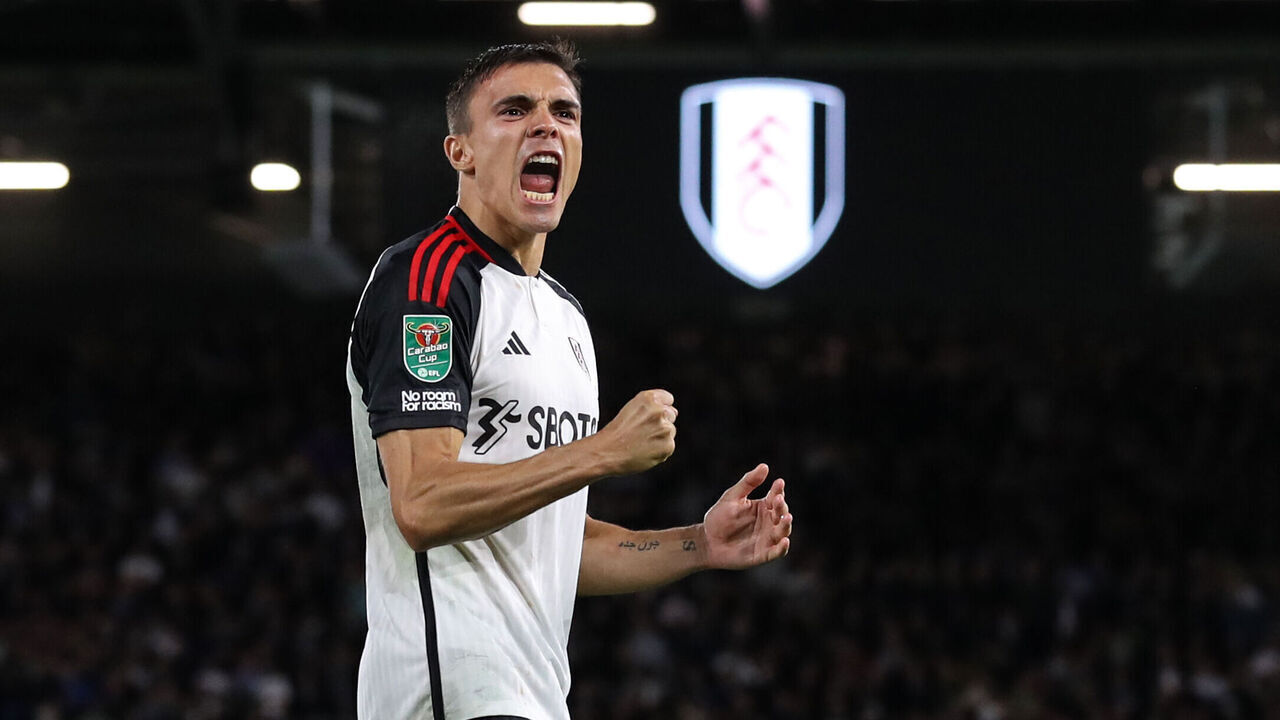 LONDON, ENGLAND - AUGUST 29: Joao Palhinha of Fulham celebrates scoring a penalty during the Carabao Cup Second Round match between Fulham and Tottenham Hotspur at Craven Cottage on August 29, 2023 in London, England.