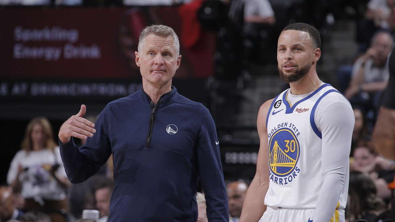 SACRAMENTO, CA - APRIL 15: Head Coach Steve Kerr and Stephen Curry #30 of the Golden State Warriors talk during the game against the Sacramento Kings during Round 1 Game 1 of the 2023 NBA Playoffs on April 15, 2023 at Golden 1 Center in Sacramento, California. NOTE TO USER: User expressly acknowledges and agrees that, by downloading and or using this photograph, User is consenting to the terms and conditions of the Getty Images Agreement. Mandatory Copyright Notice: Copyright 2023 NBAE