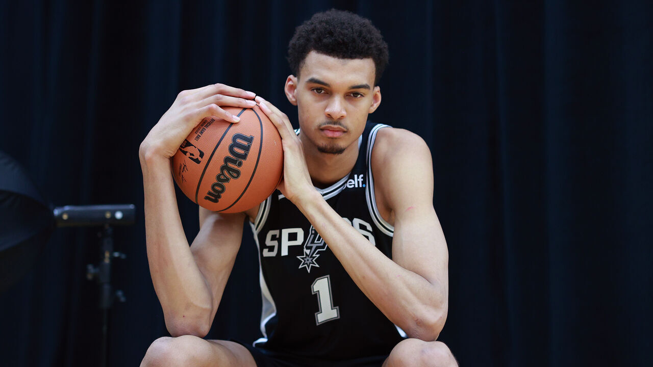 LAS VEGAS, NEVADA - JULY 12: Victor Wembanyama #1 of the San Antonio Spurs poses for a portrait during the 2023 NBA rookie photo shoot at UNLV on July 12, 2023 in Las Vegas, Nevada.