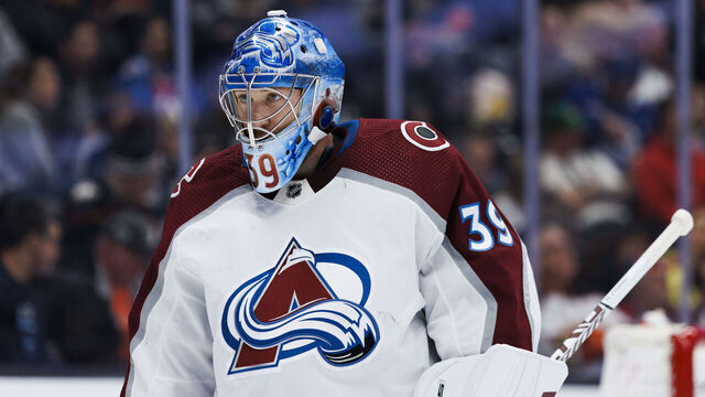 ANAHEIM, CA - APRIL 09: Colorado Avalanche goaltender Pavel Francouz (39) during an NHL hockey game between the Colorado Avalanche and the Anaheim Ducks on April 9, 2023 at Honda Center in Anaheim, CA.