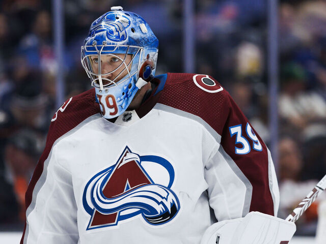 ANAHEIM, CA - APRIL 09: Colorado Avalanche goaltender Pavel Francouz (39) during an NHL hockey game between the Colorado Avalanche and the Anaheim Ducks on April 9, 2023 at Honda Center in Anaheim, CA.