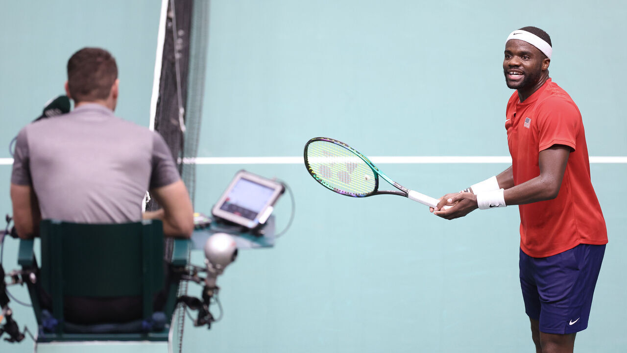 SPLIT, CROATIA - SEPTEMBER 14: Frances Tiafoe of United States in coversation vith referee during the 2023 Davis Cup Finals Group D Stage match between Netherlands and USA at Arena Gripe Sports Centre on September 14, 2023 in Split, Croatia.