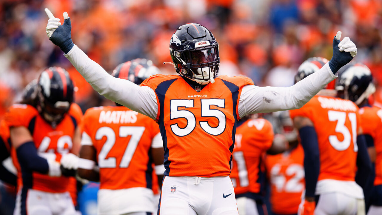 DENVER, CO - SEPTEMBER 10: Linebacker Frank Clark #55 of the Denver Broncos pumps up the crowd during the second quarter against the Las Vegas Raiders at Empower Field at Mile High on September 10, 2023 in Denver, Colorado.