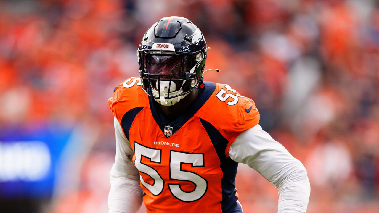 DENVER, CO - SEPTEMBER 10: Linebacker Frank Clark #55 of the Denver Broncos lines up during the second quarter against the Las Vegas Raiders at Empower Field at Mile High on September 10, 2023 in Denver, Colorado.