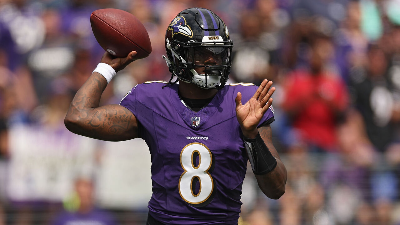 BALTIMORE, MARYLAND - SEPTEMBER 10: Quarterback Lamar Jackson #8 of the Baltimore Ravens passes the ball against the Houston Texans at M&T Bank Stadium on September 10, 2023 in Baltimore, Maryland.
