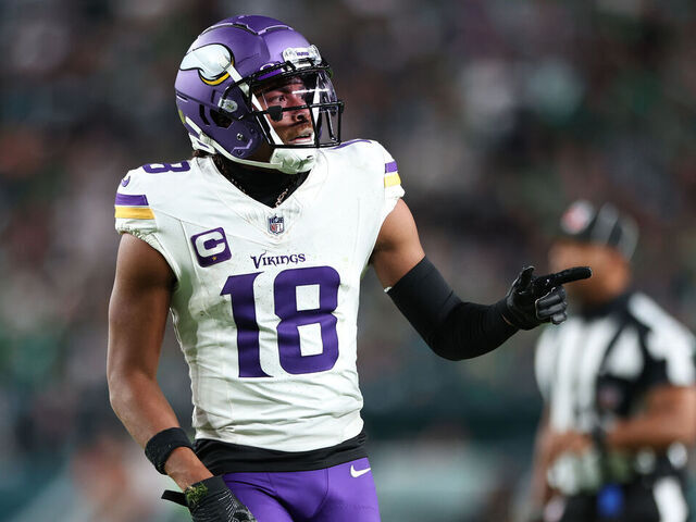 PHILADELPHIA, PENNSYLVANIA - SEPTEMBER 14: Justin Jefferson #18 of the Minnesota Vikings looks on during the second half against the Philadelphia Eagles at Lincoln Financial Field on September 14, 2023 in Philadelphia, Pennsylvania.