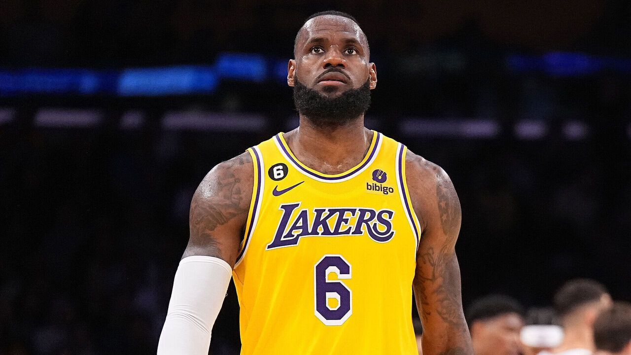 LOS ANGELES, CA - MAY 22: LeBron James #6 of the Los Angeles Lakers looks on during Game Four of the Western Conference Finals against the Denver Nuggets on May 22, 2023 at Crypto.com Arena in Los Angeles, California. NOTE TO USER: User expressly acknowledges and agrees that, by downloading and/or using this Photograph, user is consenting to the terms and conditions of the Getty Images License Agreement. Mandatory Copyright Notice: Copyright 2023 NBAE