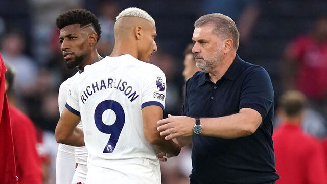 Tottenham Hotspur's Richarlison greets manager Ange Postecoglou following the Premier League match at the Tottenham Hotspur Stadium, London. Picture date: Saturday August 19, 2023.