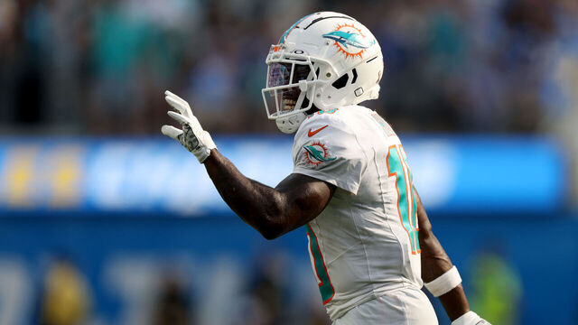 INGLEWOOD, CALIFORNIA - SEPTEMBER 10: Tyreek Hill #10 of the Miami Dolphins celebrates his touchdown catch to take a 36-34 lead during a 36-34 Dolphins win over the Los Angeles Chargers at SoFi Stadium on September 10, 2023 in Inglewood, California.