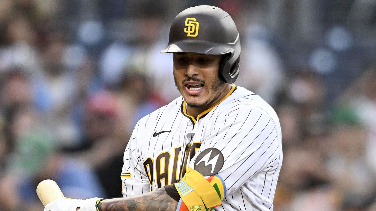 SAN DIEGO, CA - SEPTEMBER 04: Manny Machado #13 of the San Diego Padres reacts after striking out during the eighth inning of a baseball game against the Philadelphia Phillies on September 4, 2023 at Petco Park in San Diego, California.