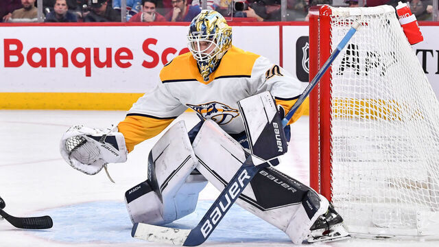 MONTREAL, CANADA - JANUARY 12: Yaroslav Askarov #30 of the Nashville Predators tends net in his first career NHL game during the second period against the Montreal Canadiens at Centre Bell on January 12, 2023 in Montreal, Quebec, Canada. The Montreal Canadiens defeated the Nashville Predators 4-3.