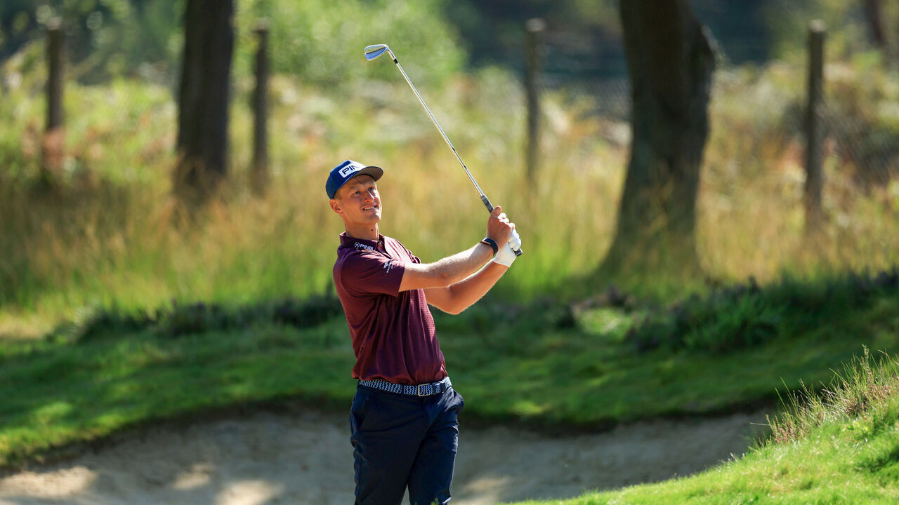 VIRGINIA WATER, ENGLAND - SEPTEMBER 15: Adrian Meronk of Poland plays his second shot on the ninth hole during the second round of the BMW PGA Championship at Wentworth Golf Club on September 15, 2023 in Virginia Water, England.