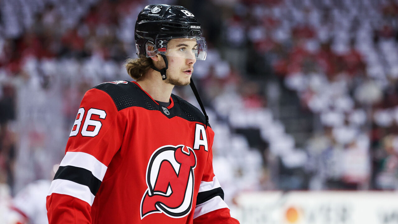 NEWARK, NJ - MAY 09: New Jersey Devils center Jack Hughes (86) warms up before Game 4 of an Eastern Conference Second Round playoff game between the Carolina Hurricanes and the New Jersey Devils on May 9, 2023, at Prudential Center in Newark, New Jersey.