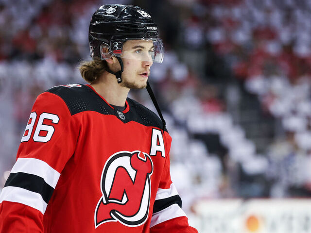 NEWARK, NJ - MAY 09: New Jersey Devils center Jack Hughes (86) warms up before Game 4 of an Eastern Conference Second Round playoff game between the Carolina Hurricanes and the New Jersey Devils on May 9, 2023, at Prudential Center in Newark, New Jersey.