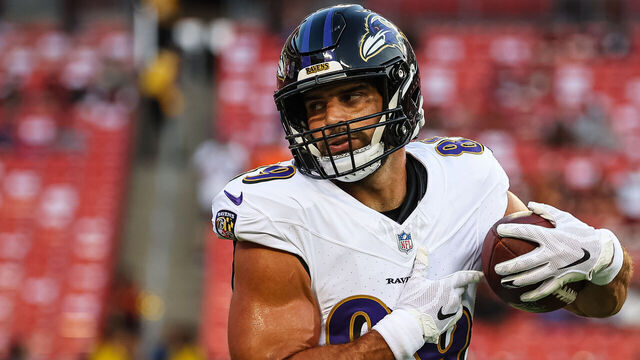 LANDOVER, MD - AUGUST 21: Mark Andrews #89 of the Baltimore Ravens in action before the preseason game against the Washington Commanders at FedExField on August 21, 2023 in Landover, Maryland.
