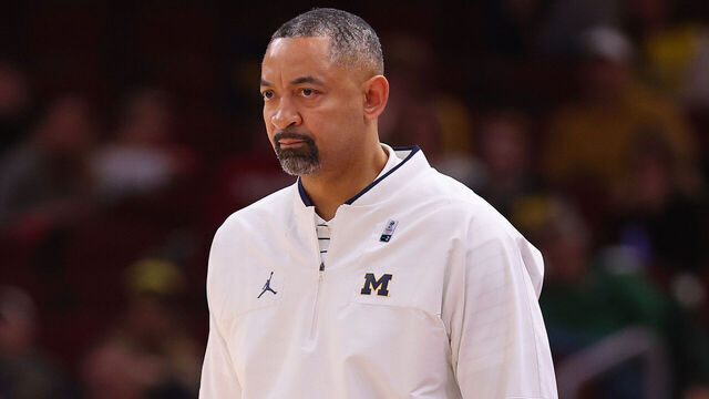 CHICAGO, ILLINOIS - MARCH 09: Head coach Juwan Howard of the Michigan Wolverines looks on against the Rutgers Scarlet Knights in the first half of the second round of the Big Ten Tournament at United Center on March 09, 2023 in Chicago, Illinois.