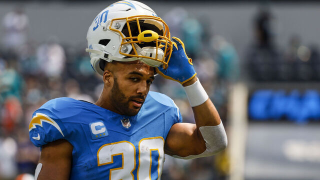 Inglewood, CA, Sunday, Sept. 10, 2023 - Los Angeles Chargers running back Austin Ekeler (30) on the sideline before a game against the Miami Dolphins at SoFi Stadium. (Robert Gauthier/Los Angeles Times via Getty Images)